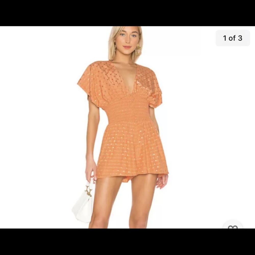 Pretty Peach Tularosa Smocked Embossed Flutter Sleeved Cleavage Romper S Revolve